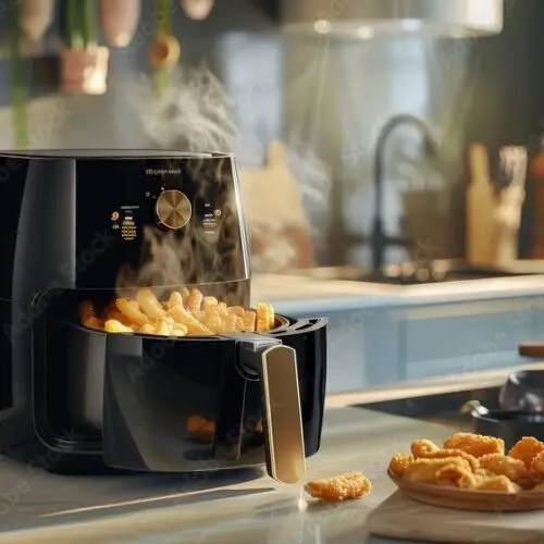An air fryer in a modern kitchen setting, efficiently cooking French fries with steam visible, surrounded by various cooked foods.
