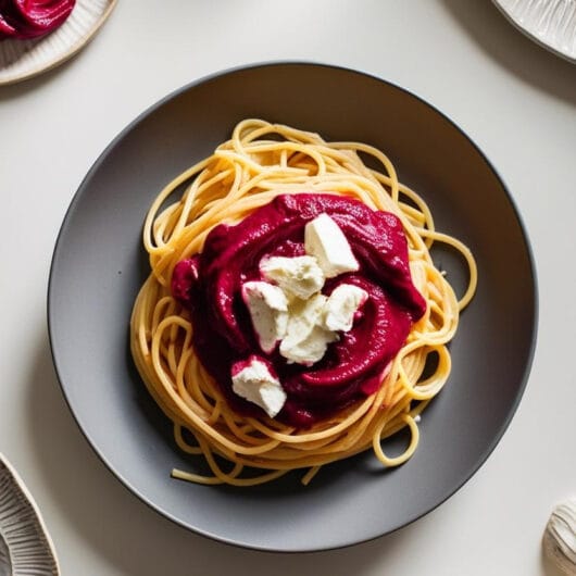 Spaghetti with Cream of Beetroot and Goat's Cheese