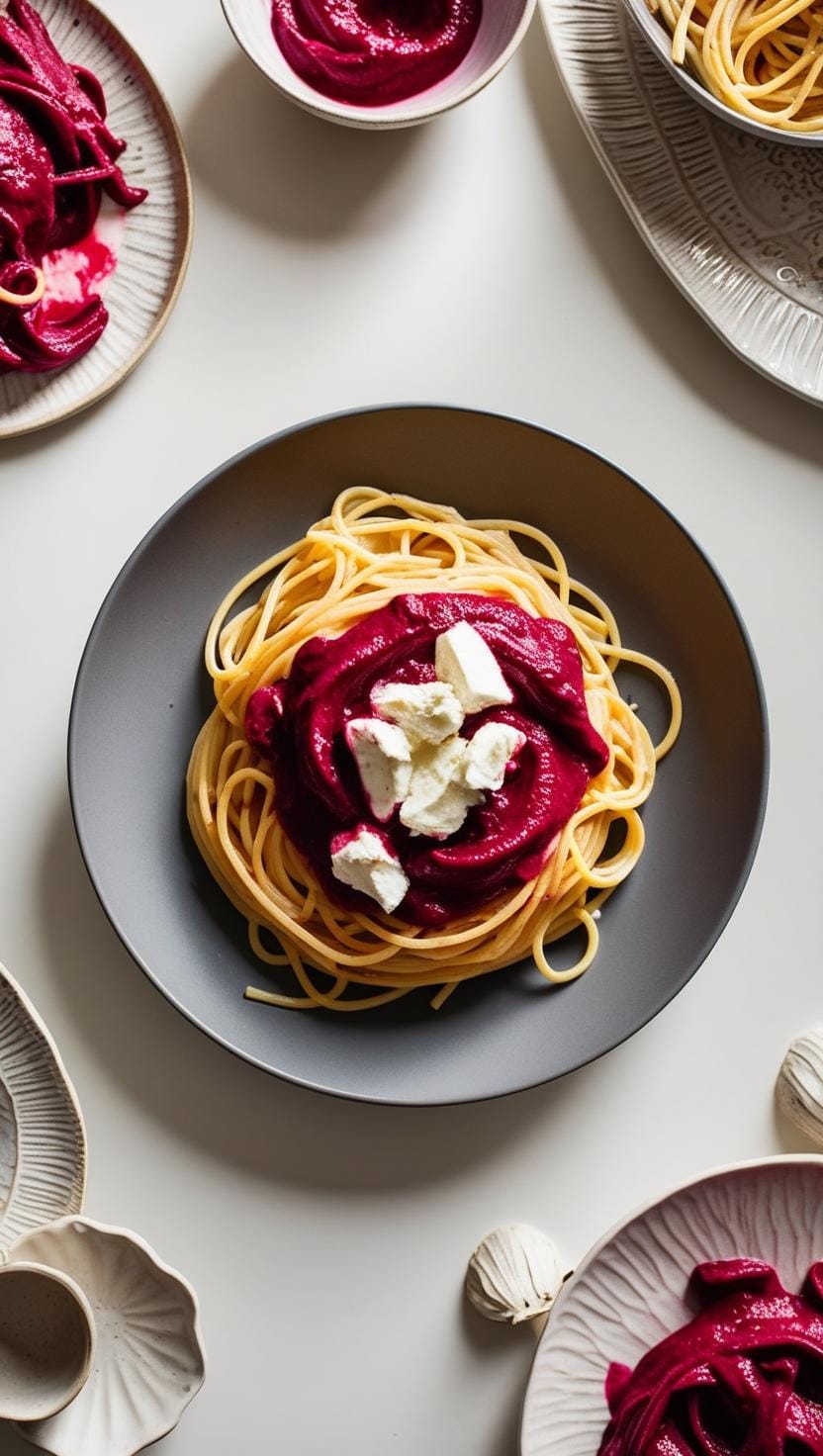 Spaghetti with Cream of Beetroot and Goat's Cheese