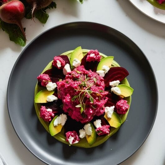 Beet and Avocado Tartar with fresh cheese