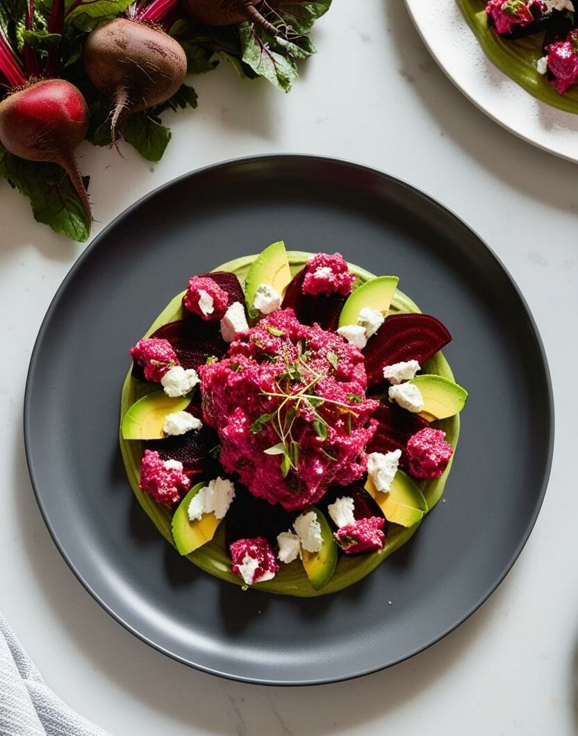Beet and Avocado Tartar with fresh cheese