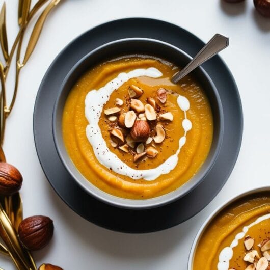 Cream of Pumpkin Soup with Coconut Milk and Hazelnut Chips
