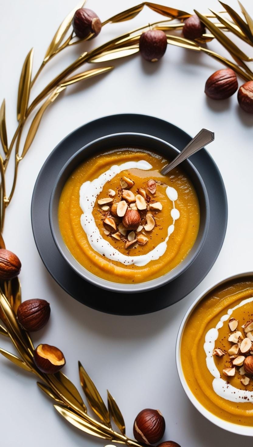Cream of Pumpkin Soup with Coconut Milk and Hazelnut Chips