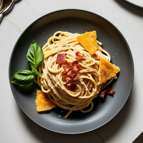 Pâtes Carbonara au Parmesan Croquant et Crème de Basilic
