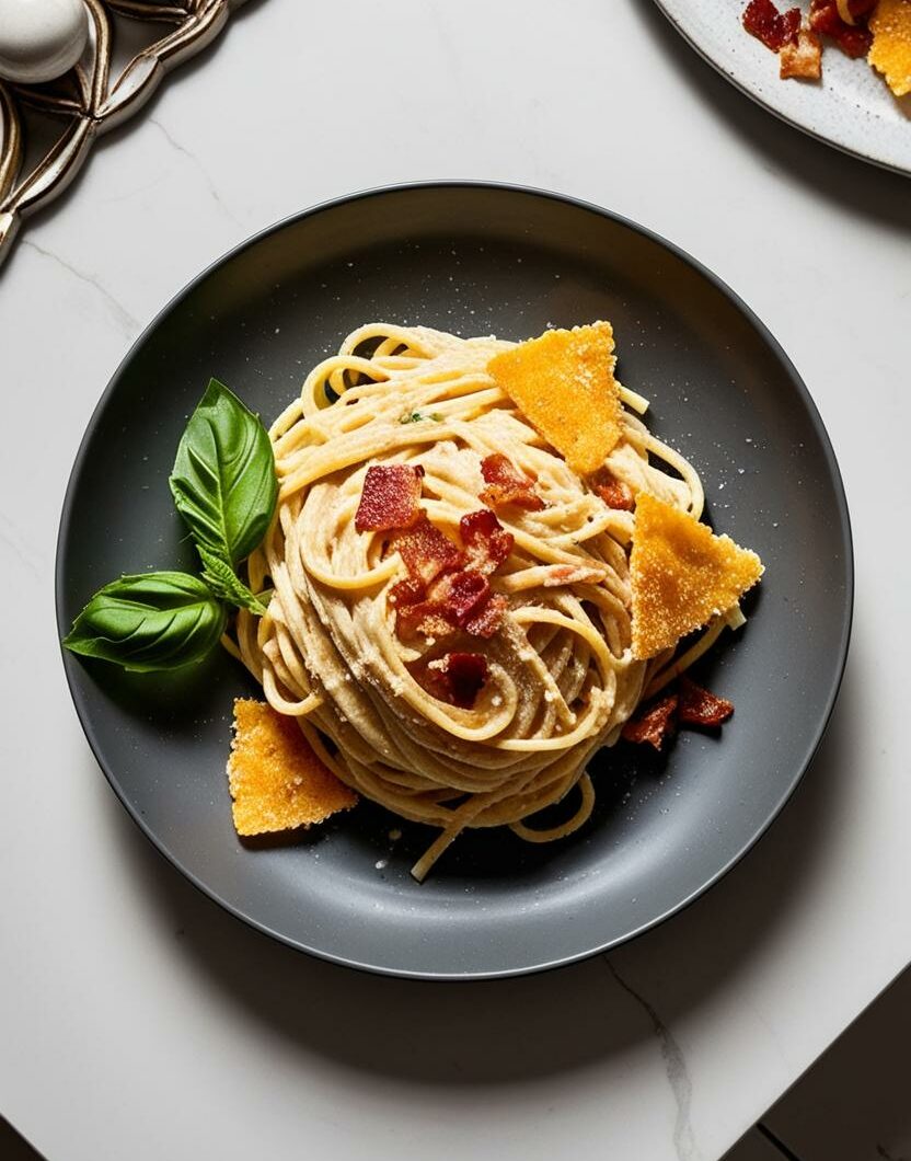 Pâtes Carbonara au Parmesan Croquant et Crème de Basilic