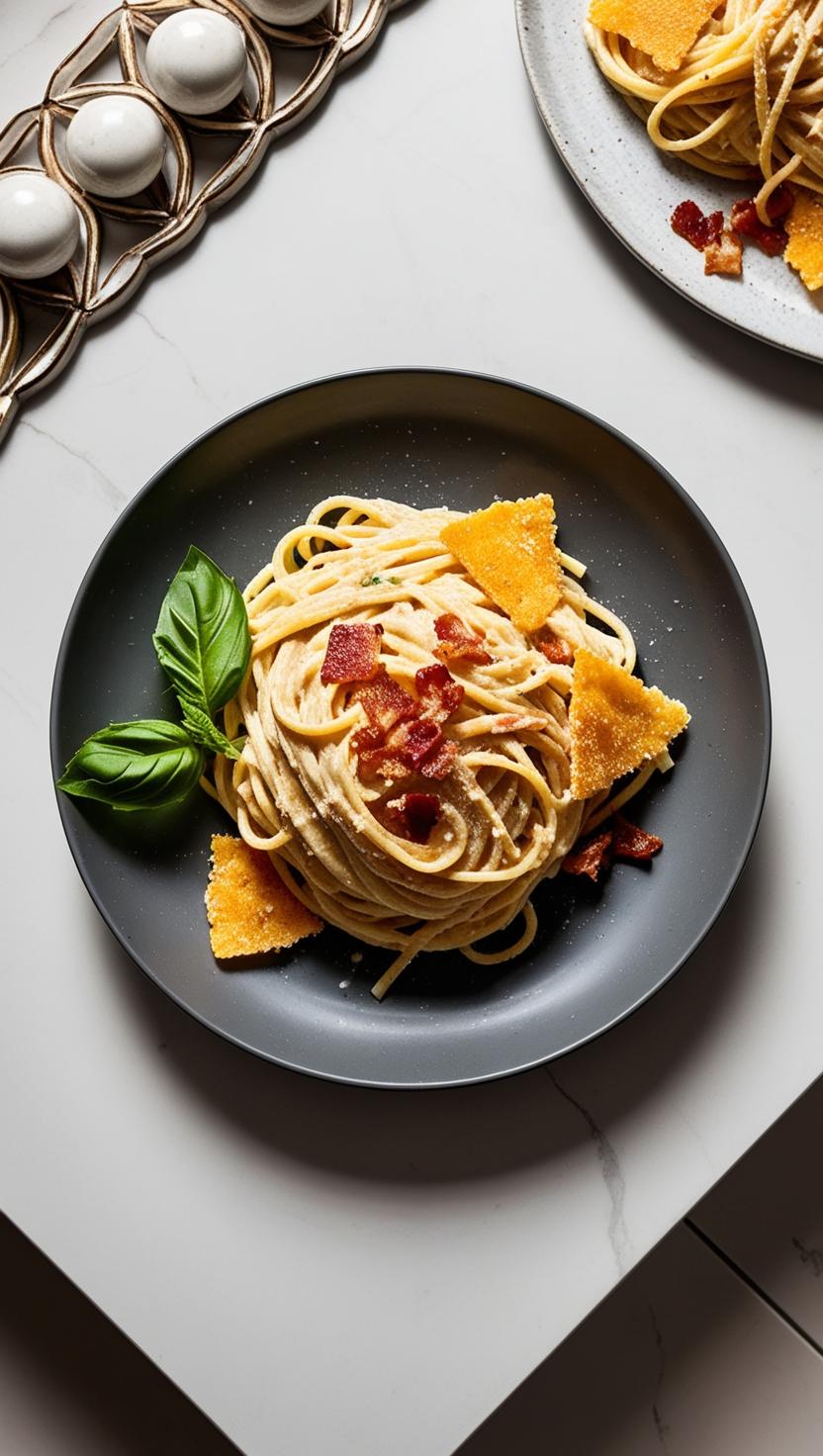 Carbonara Pasta with Crispy Parmesan and Basil Cream