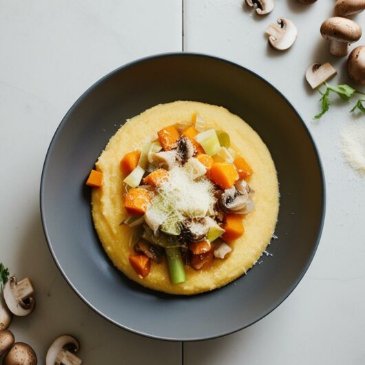 Creamy Polenta with Winter Vegetables and Grated Cheese