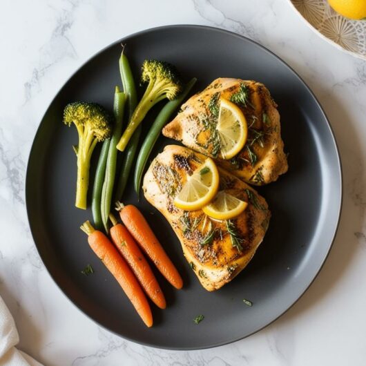 Grilled Chicken Marinated with Lemon and Herbs, Steamed Vegetables