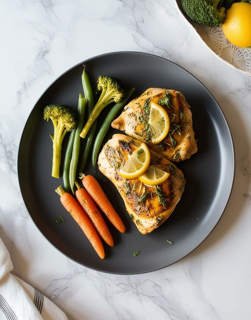 Grilled Chicken Marinated with Lemon and Herbs, Steamed Vegetables