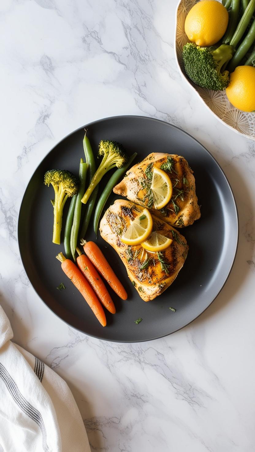 Grilled Chicken Marinated with Lemon and Herbs, Steamed Vegetables